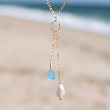 Teal Blue Sea Glass + Baroque Pearl Circle Drop Necklace